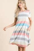 Striped Short Sleeve Dress with Pockets For Women – Casual Striped Dress, Comfortable Short Sleeve Dress, Pocketed Striped Dress, Versatile Striped Dress, Relaxed Fit Dress, Effortless Striped Dress, Chic Short Sleeve Dress
