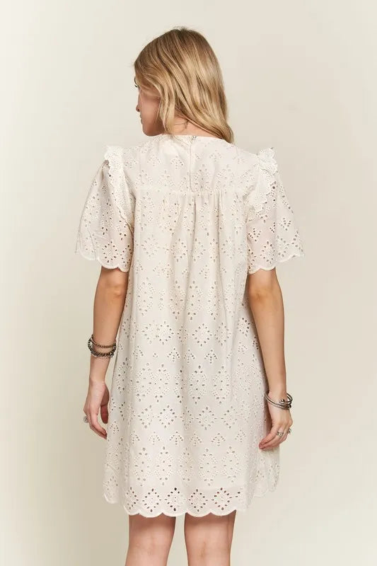 Ruffled Eyelet Round Neck Summer Dress For Women – Elegant Feminine Eyelet Dress with Ruffled Details for Garden Parties & Special Occasions
