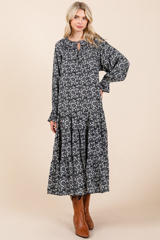 Printed Tie Neck Flounce Sleeve Midi Dress For Women – Fluttering, Feminine and Playful Midi Dress with Ruffled Details