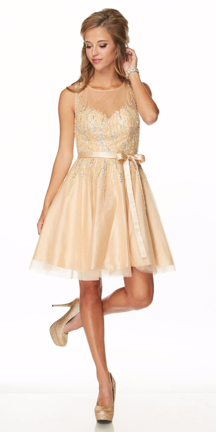 CLEARANCE - Juliet 776 Sequins Embellished Bodice Illusion Short Dress (Size M)