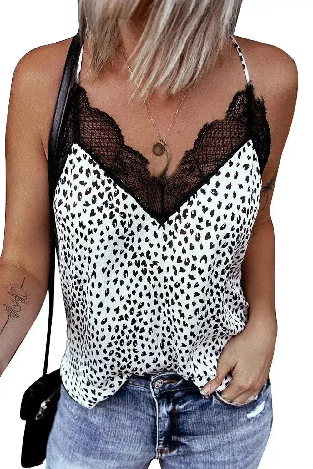 Spaghetti Strap Printed Lace Tank Top
