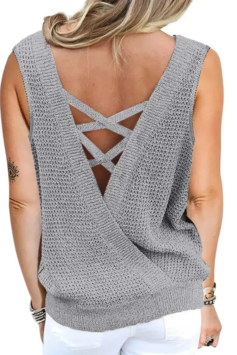 Gray Crisscross Hollow-out Knit Tank Top