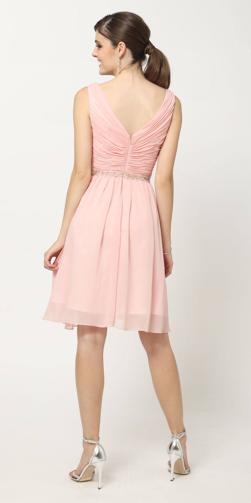 Juliet 786 Ruched V-Neck Cocktail Dress Embellished Waist