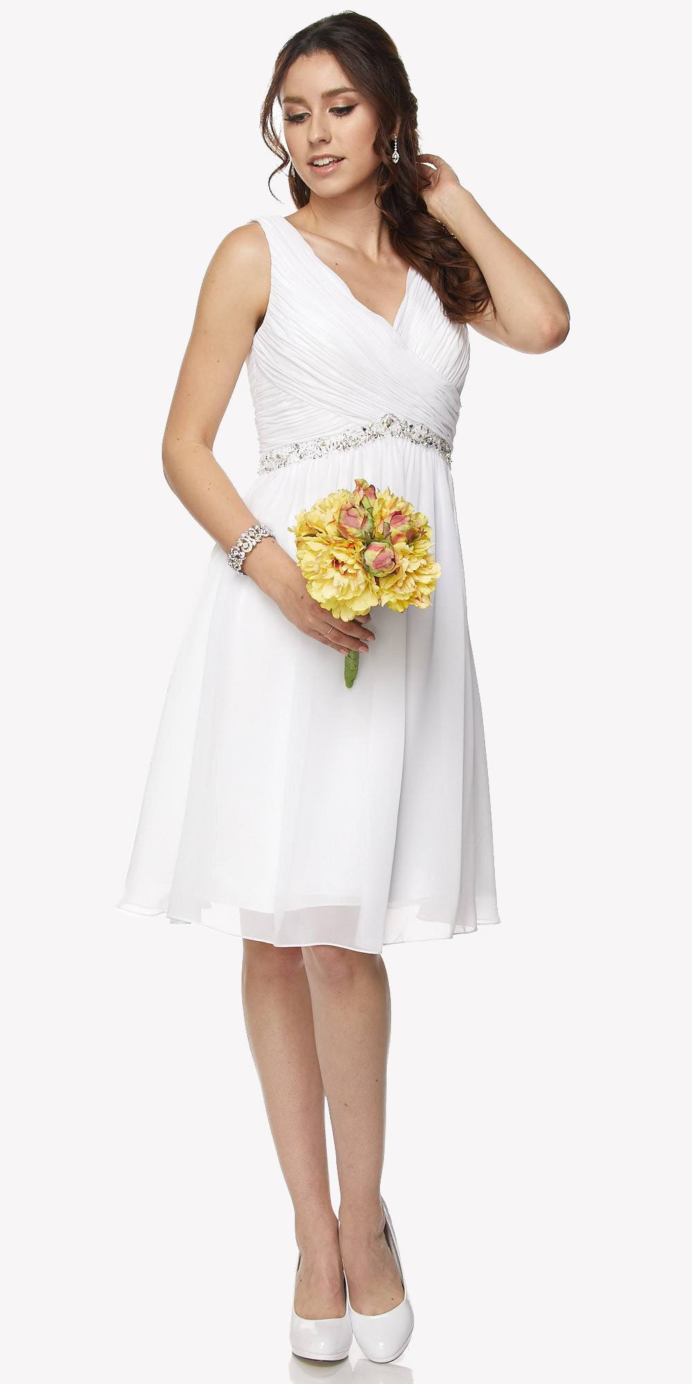 Juliet 786 Ruched V-Neck Cocktail Dress Embellished Waist