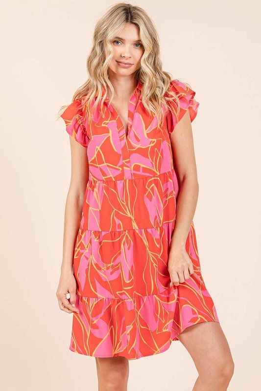 Leaf Print Ruffle Sleeve Tiered Mini Dress For Summer – Fluttering, Playful and Feminine Dress with Layered Details
