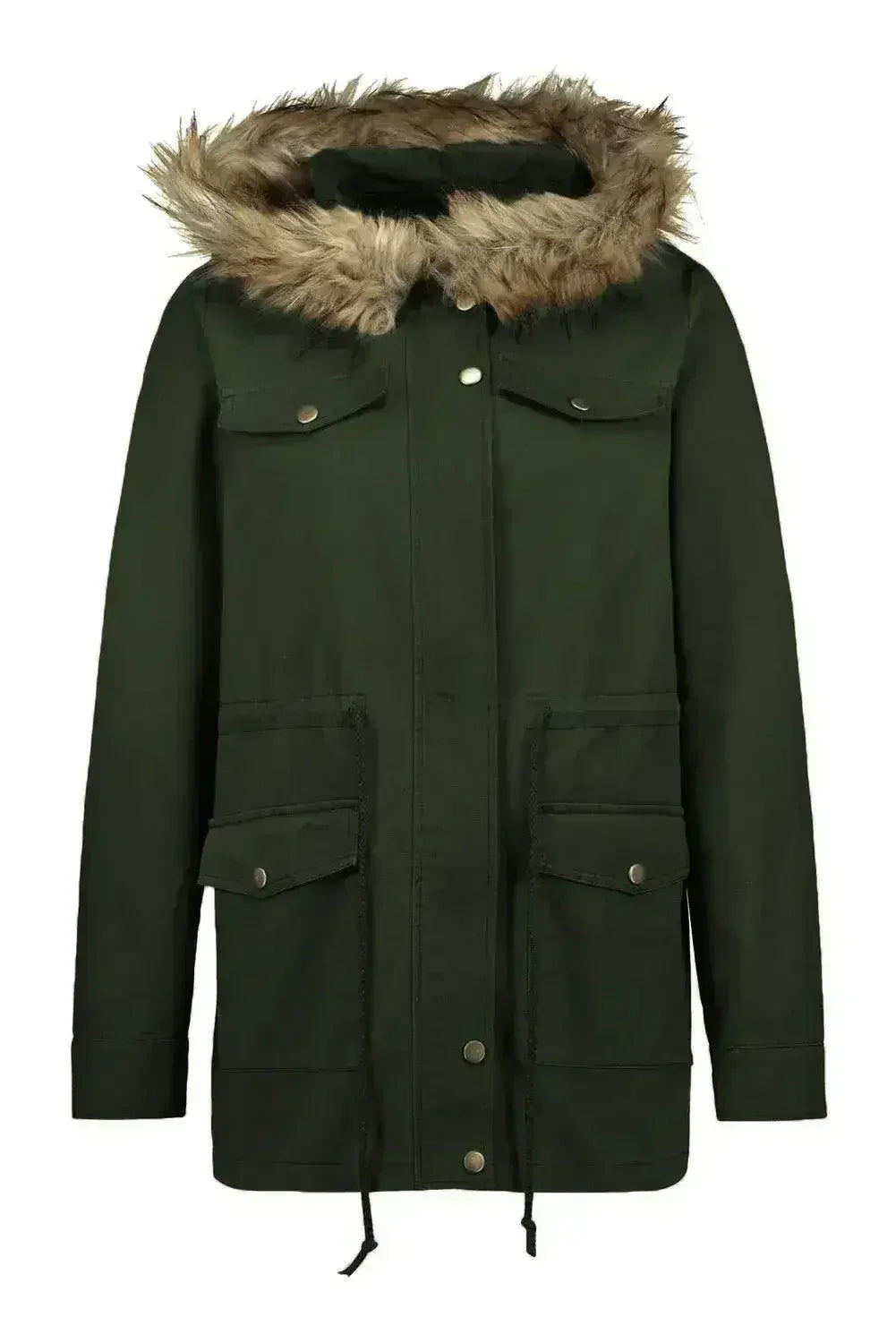 Zipper Snaps Pocket Plush Hooded Parka Jacket