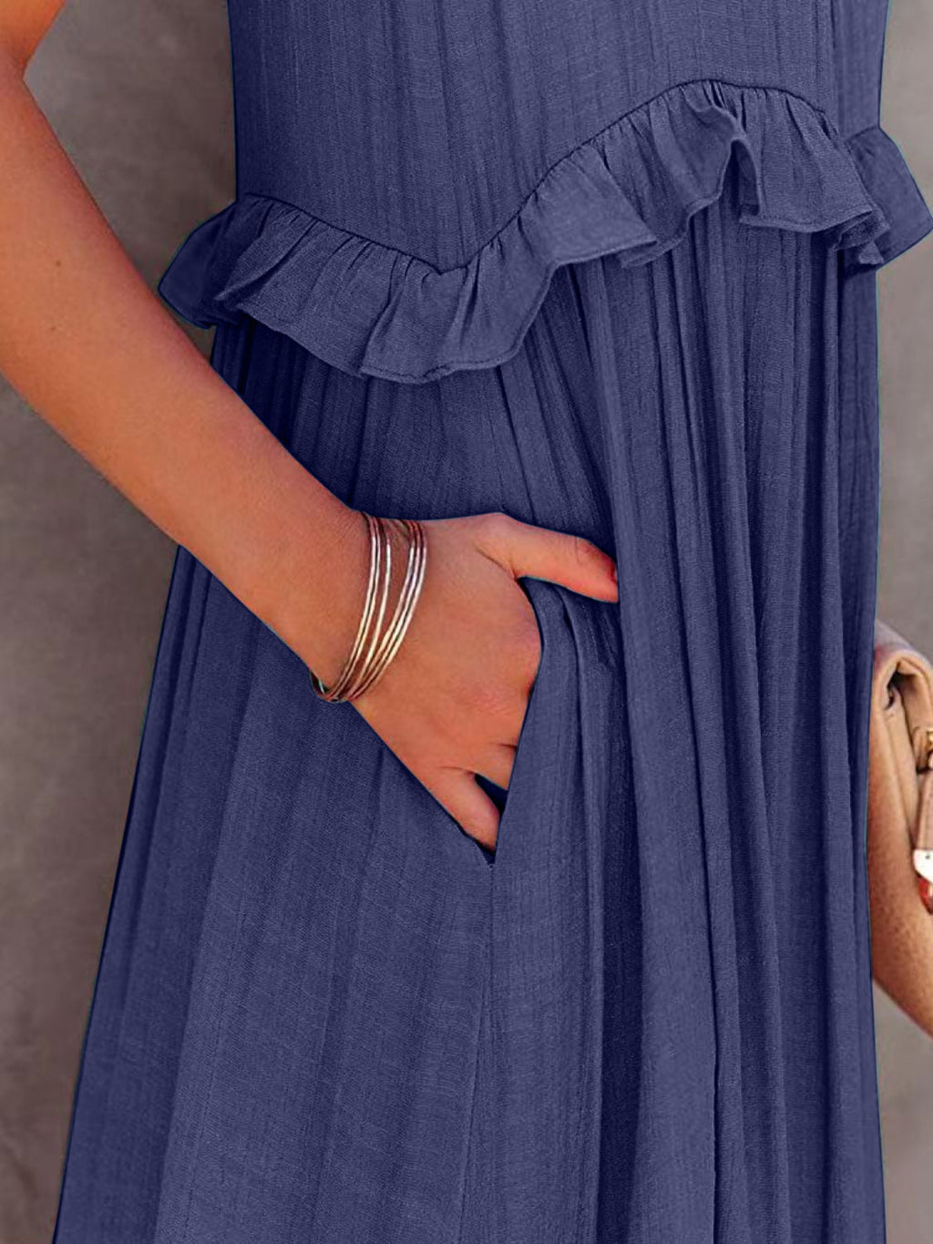 Romantic Ruffled Sleeveless Tiered Maxi Dress with Pockets Elegant & Chic Statement Beautiful Design Dress