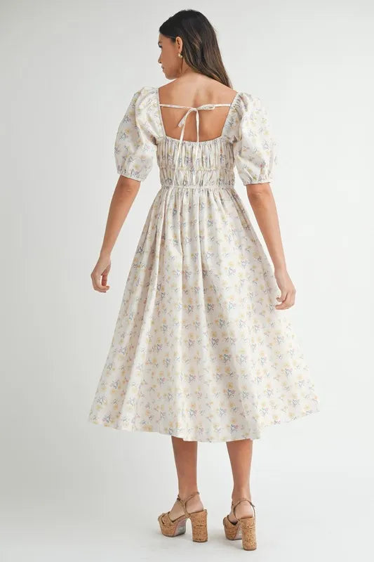 Floral Drawstring Detail Puff Sleeve Midi Dress – Romantic Floral Midi Dress, Ruched Drawstring Dress, Feminine Puff Sleeve Dress, Trendy Garden Party Dress For Summer