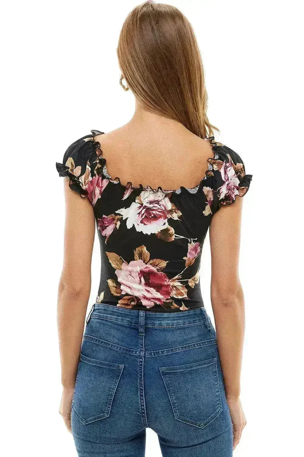 Floral Print Peasant Puff Sleeve Bodysuit USA - Femstylo