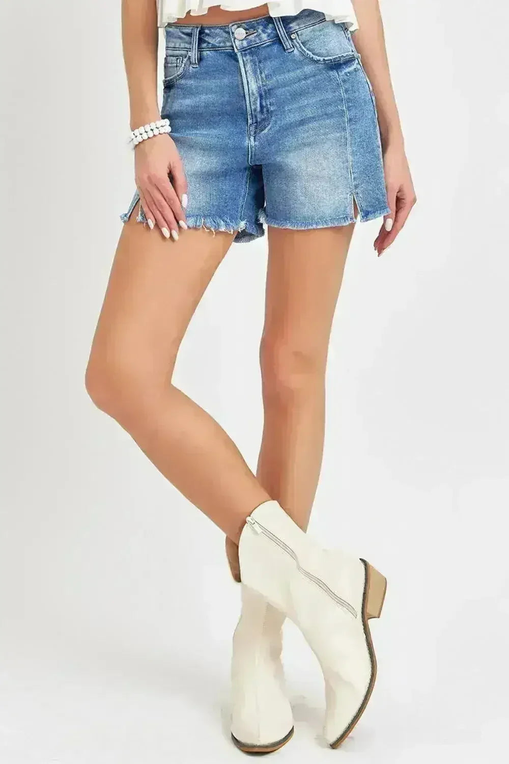 Front Slit Raw Hem Denim Shorts - High Waist Edgy Style | Femstylo