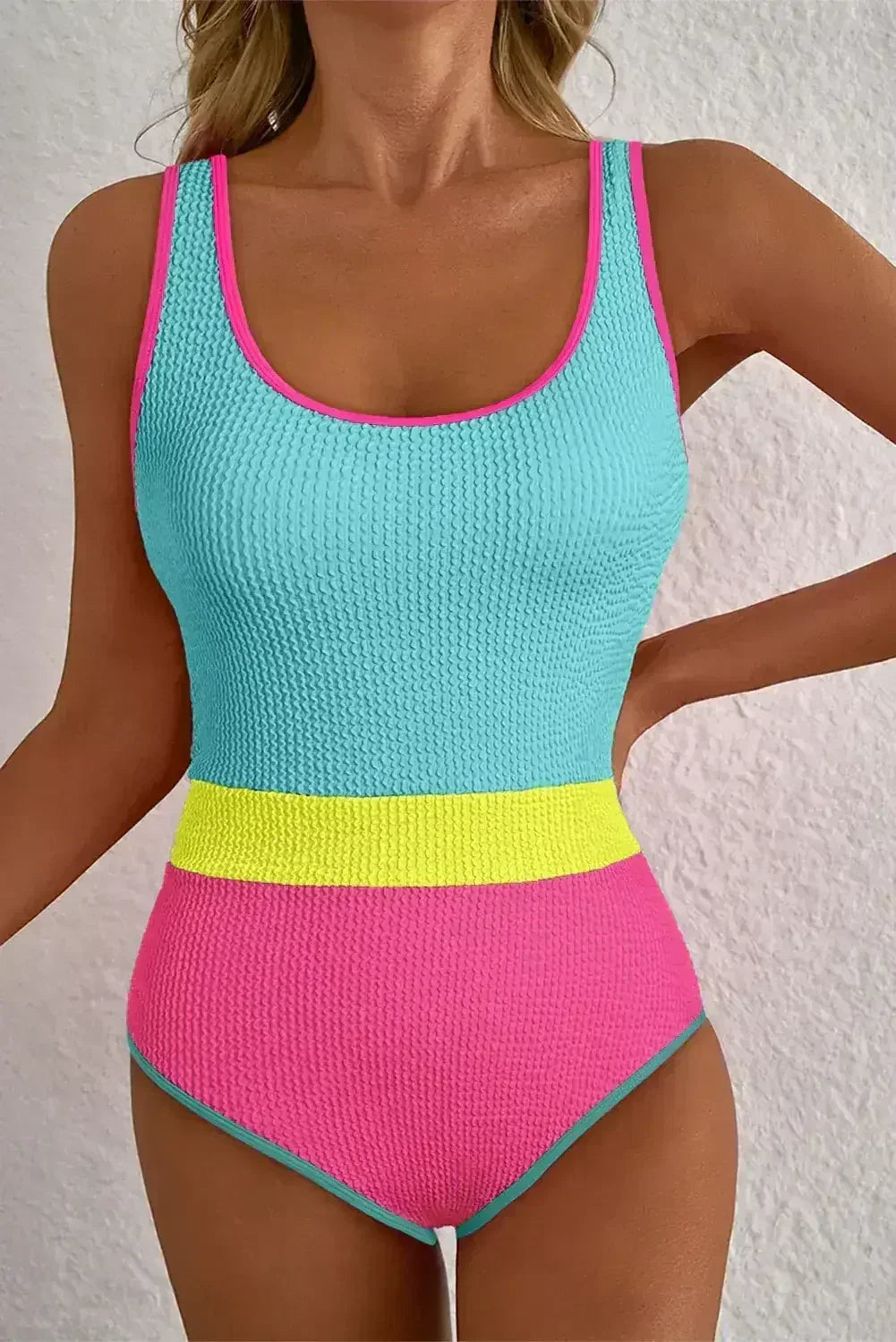 Rose Red Textured Colorblock One Piece Swimsuit