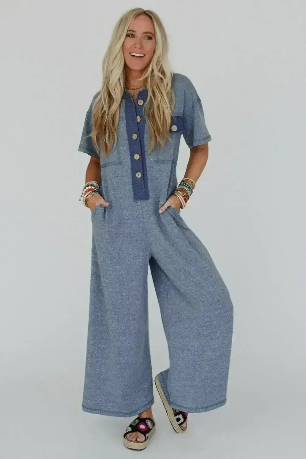 Jet Stream Patchwork Pocket Short Sleeve Jumpsuit