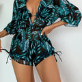 Island Bloom 3-Piece Bikini Set for Women – Tropical Leaf Print Fluttering Swimwear with Flattering Halter Neck Top High Waist Bottoms & Adjustable Drawstring Cover Up – Perfect for Koningsdag Celebrations & Summer Adventures