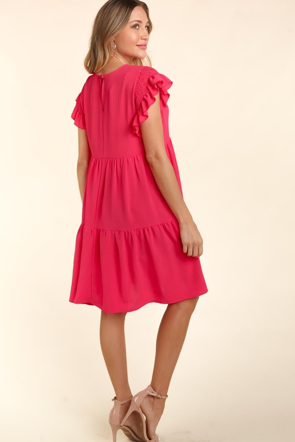 Full Size Smocking Ruffle Short Sleeve Dress with Pockets For Women – Flattering Smocked Dress, Ruffle Short Sleeve Dress, Practical Pocketed Dress, Chic Ruffle Dress, Smocked Waist Dress, Stylish Short Sleeve Dress
