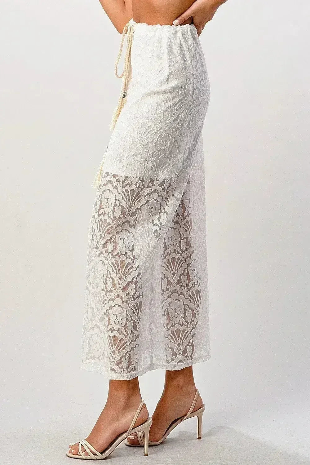 Sheer Lace Maxi Skirt - Drawstring Waist & Bow | Femstylo