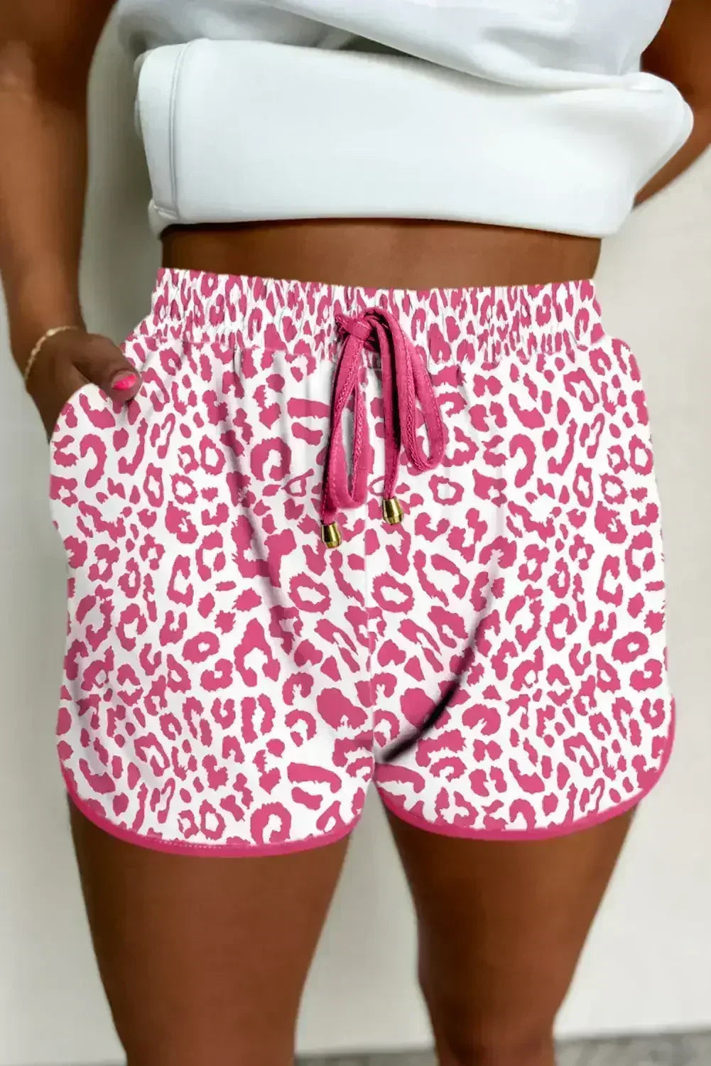 Blue Leopard Elastic Waist Lace up Contrast Trim Casual Shorts