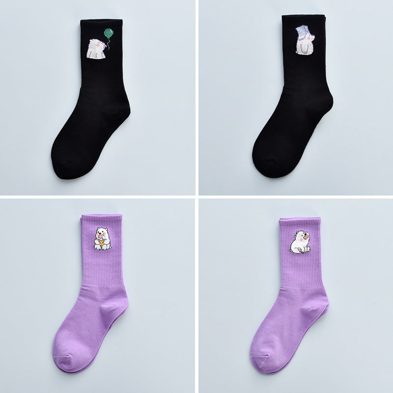 4Pair Spring And Summer Combed Out Of Pure Cotton Socks Mid Waist Fashion Bear Socks Cute Animal Socks Kawaii Cute Cartoon Purple College Socks For Men And Women
