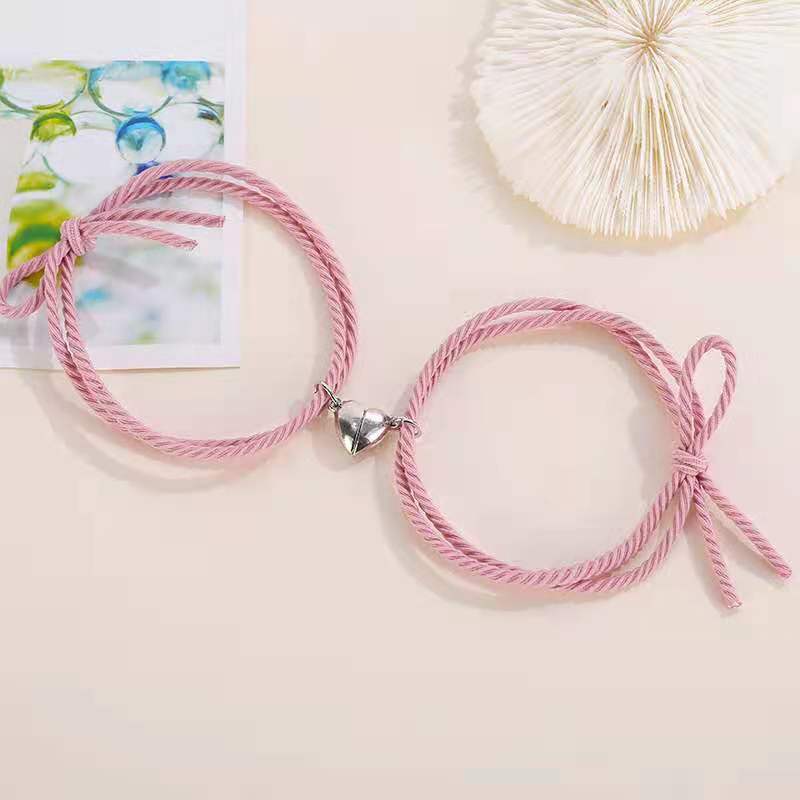 2PCS Magnetic Bracelet Stainless Steel Love Heart Charm Couple Bracelets For Friend Braid Rope Bracelets Magnet Adjustable Rope Matching Bracelet Love Bracelet Couples 2 Pieces Relationship Magnetic Bracelet