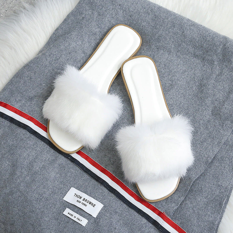 Fashion Fur Flat Women's Slippers Plus Size Spring Summer Fluffy Fur Slippers Shoes Woman Plush Fur Slip On Flip Flop Flat Furry Fur Slides Outdoor Sandals Furry Slides Summer Sandals Open Toe Indoor Outdoor Fluffy Slides