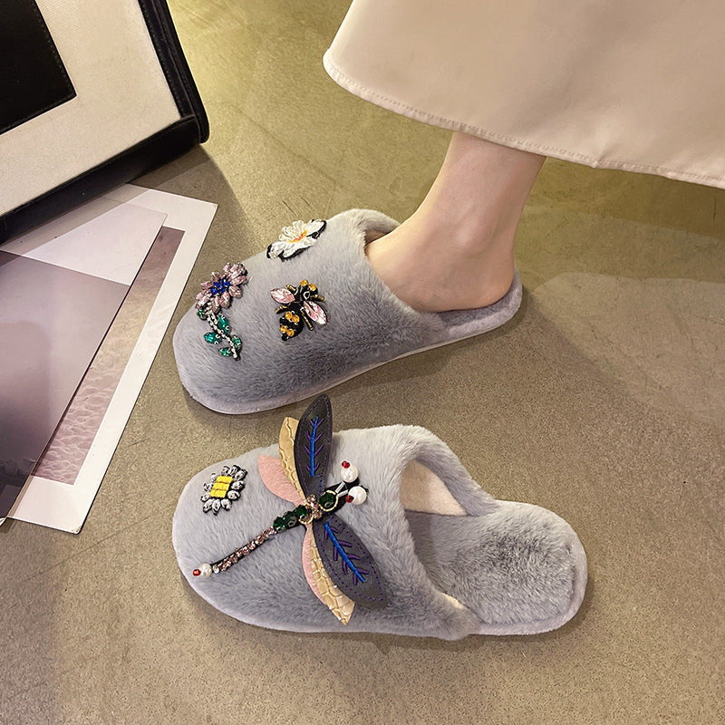 Winter Woman Warm Home Slippers Women Diamond Flip Flops Fur Slides Anti-slip Indoor Slippers Slip On Bedroom Shoes Memory Foam Wool Lining Indoor Ourdoor Non Skid Slippers