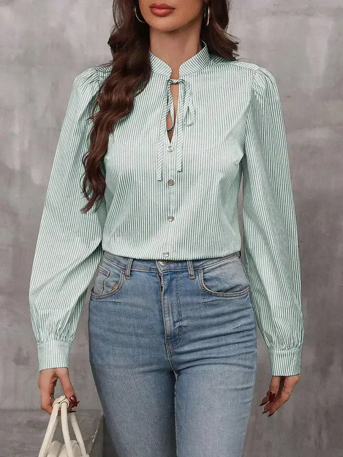 Striped Tie Neck Long Sleeve Blouse – Femstylo