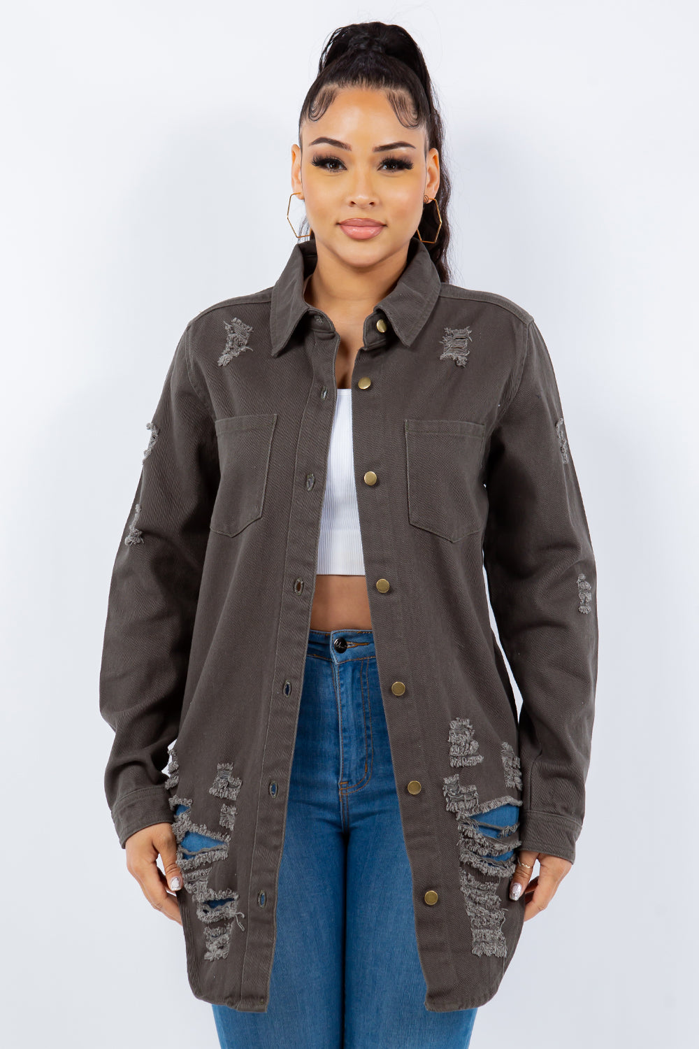 American Bazi Distressed Button Up Long Sleeve Jacket Trendy Buttoned Jacket with Distressed Finish for Women