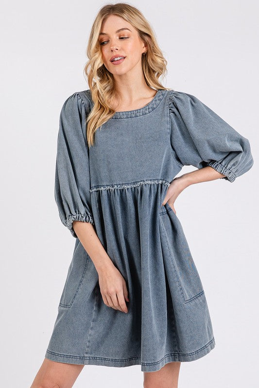 Washed Round Neck Puff Sleeve Denim Dress – Casual, Vintage-Inspired, Comfortable & Chic, Effortlessly Stylish, Classic Denim Dress