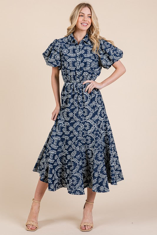 Natural Leaf Pattern Eyelet Lace Puff Sleeve Dress For Women – Elegant and Feminine Eyelet Lace Dress with Puff Sleeves