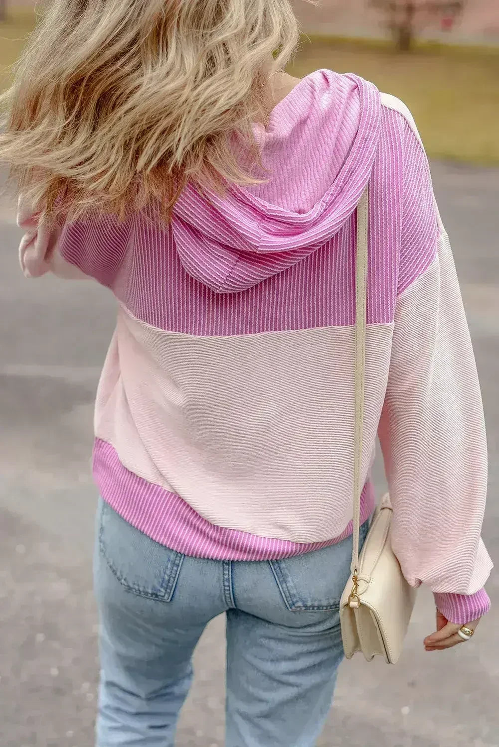 White Corded Colorblock Patch Pocket Drawstring Hooded Top
