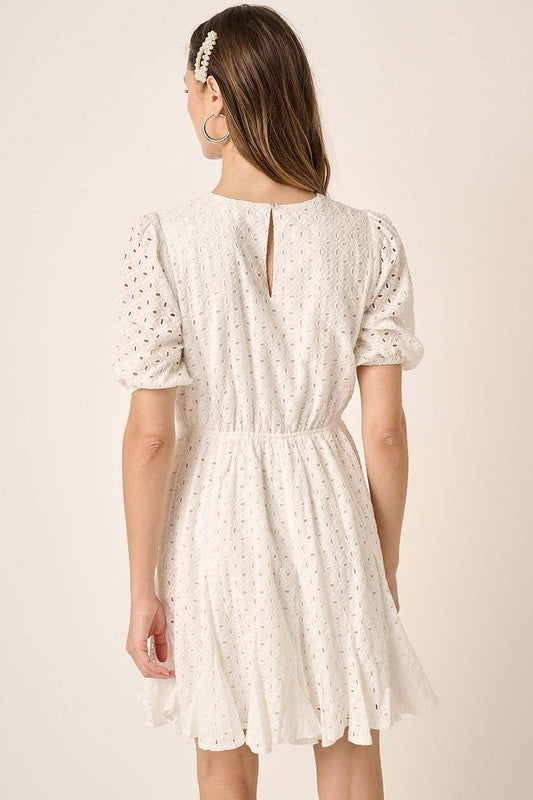 Eyelet Round Neck Puff Sleeve Mini Dress–Cute, Elegant, Feminine and Chic Mini Dress with Romantic Puff Sleeves and Delicate Eyelet Design