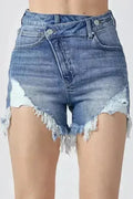 Raw Hem Asymmetrical Waist Denim Shorts - Femstylo