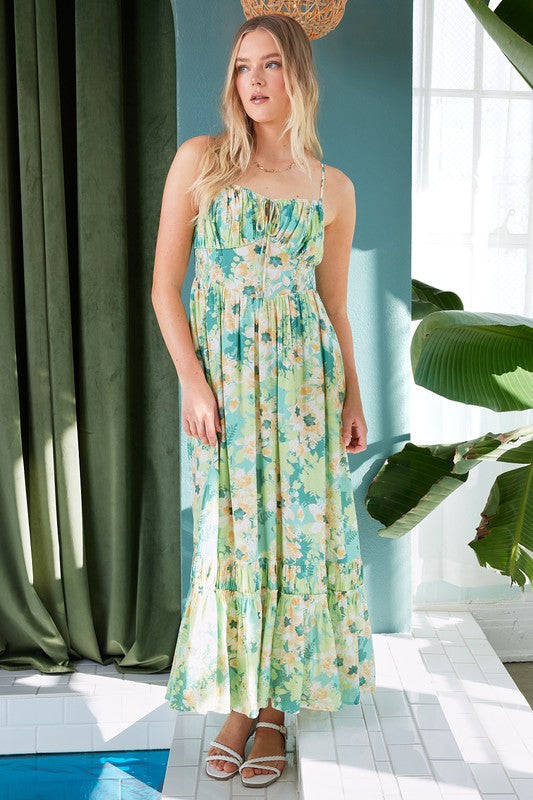 New Summer  Floral Smocked Back Ruffled Hem Maxi Cami Dress – Bohemian Elegance, Feminine, Flowy, Comfortable, Effortlessly Chic