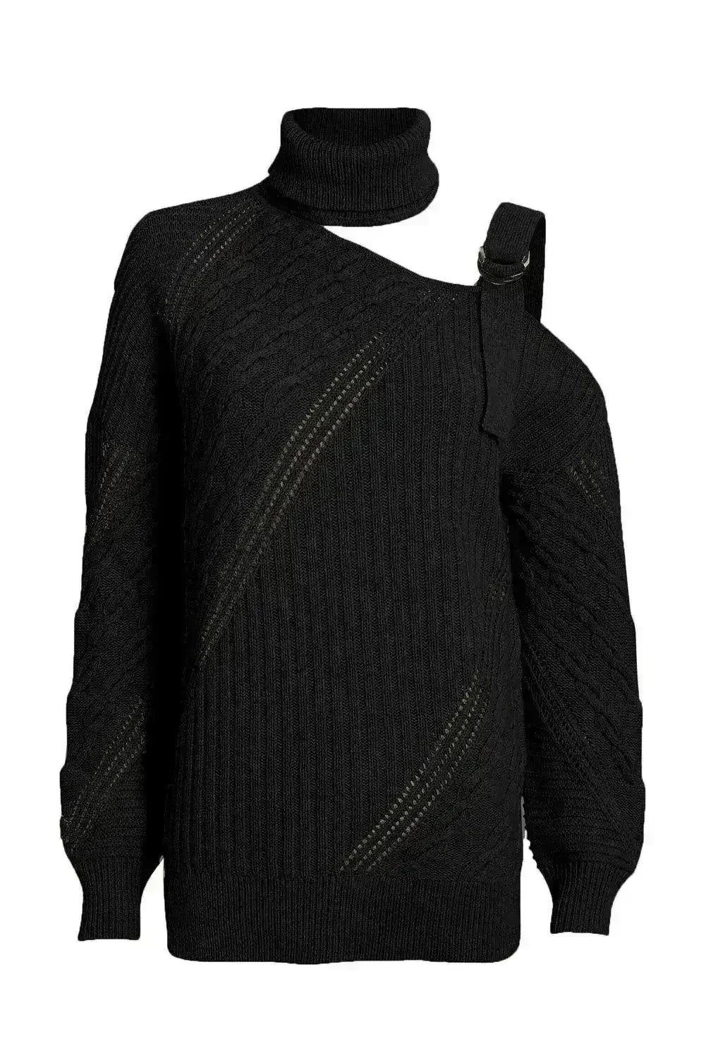 Winter Black Strapped Cut out Shoulder Turtleneck Sweater
