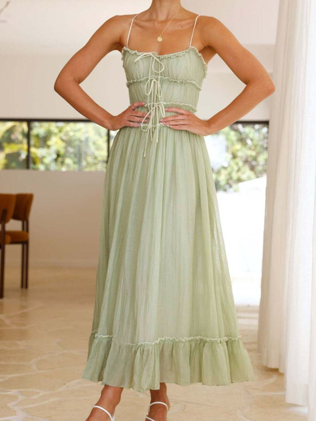 Vintage Ruffled Hem Midi Dress With Tied And Ruched Detail Elegant Feminine Girls Dress