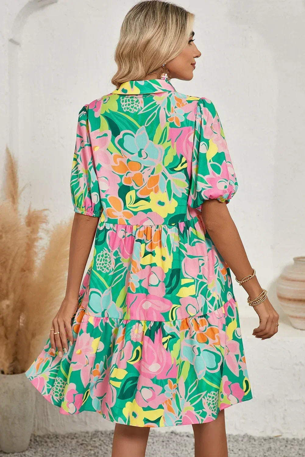 Green Floral Puff Sleeve Buttoned Babydoll Dress