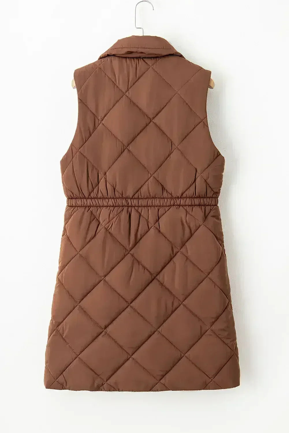 Coffee Puffer Quilted Stand Collar Pocketed Vest Coat