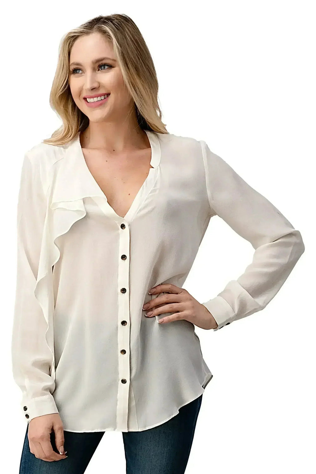 Silk Ruffle Blouse – Elegant Button-Up Shirt with Long Sleeves | Femstylo