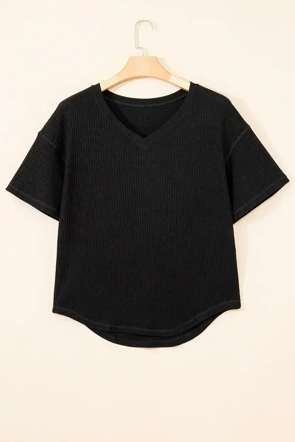 White Waffle Texture V Neck Drop Shoulder Loose Tee