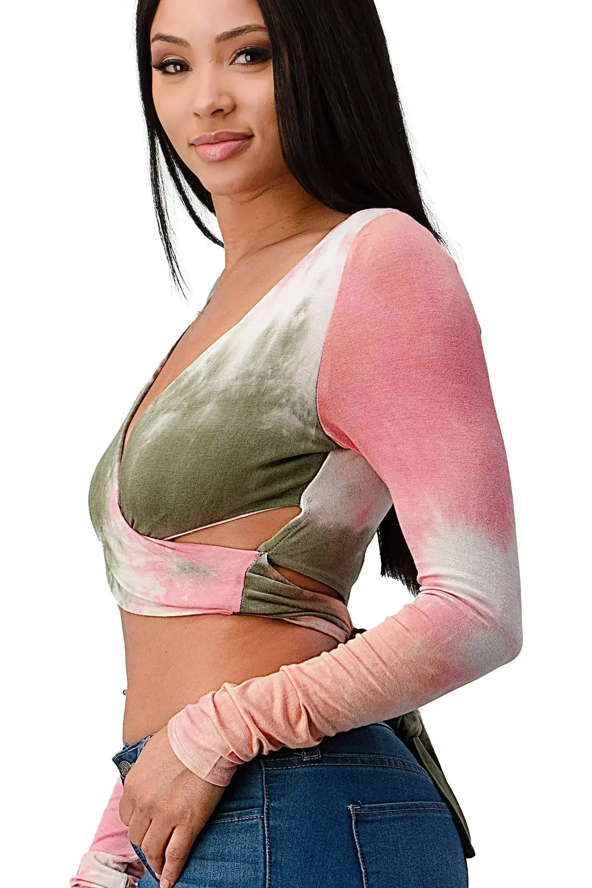 Tie-Dye Wrap Crop Top – Rayon Surplice Boho Blouse | Femstylo