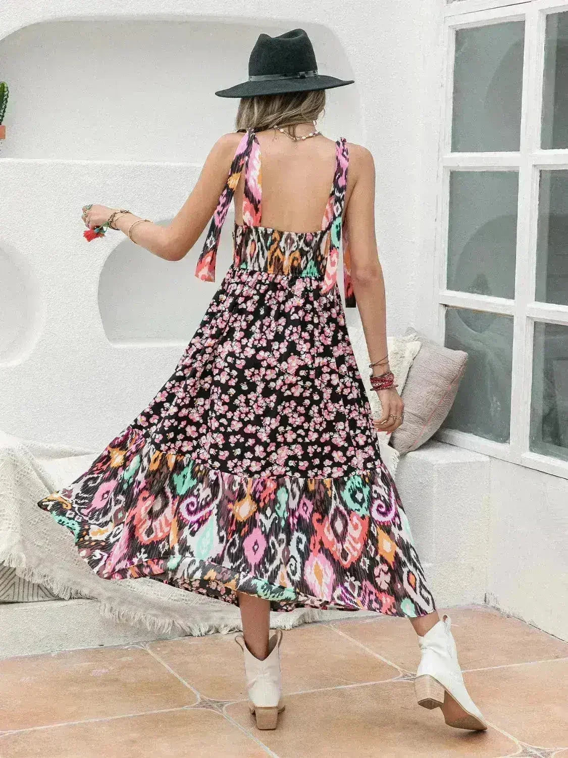 Printed Plunge Midi Dress | Sleeveless Tied Waist | Polyester