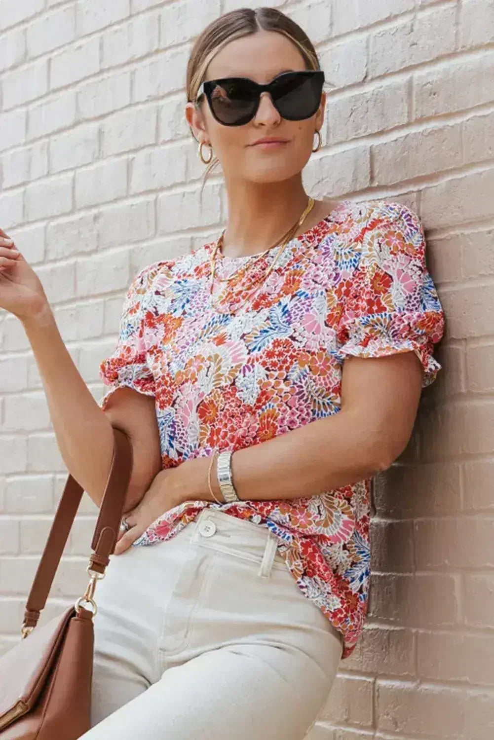 Floral Bubble Sleeve Blouse - Multicolor Print Top | Femstylo