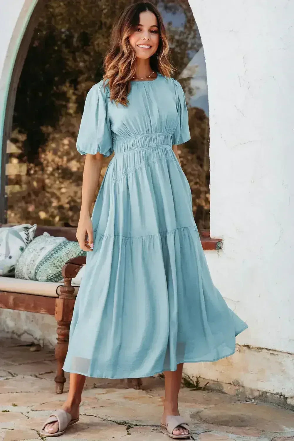 Light Blue Puff Sleeve High Waist Flowy Midi Dress