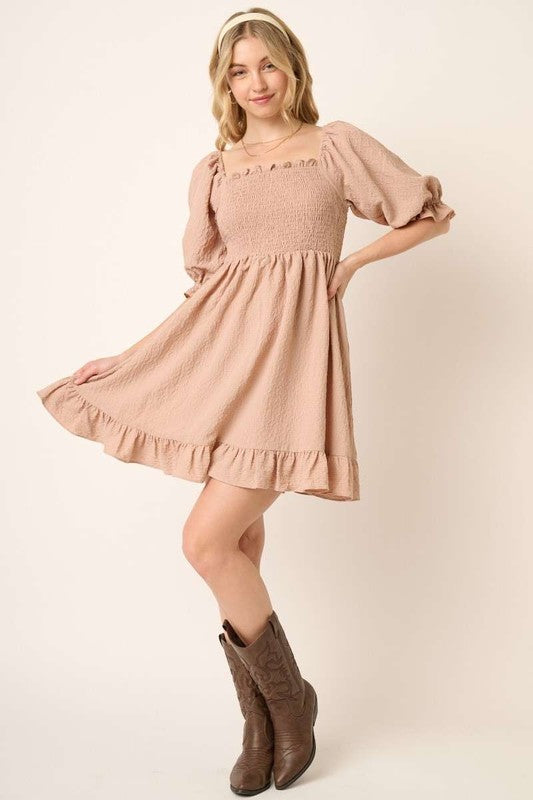 Smocked Ruffled Hem Half Sleeve Mini Dress, Cute, Elegant, Charming and Comfortable Mini Dress with Smocked Bodice and Whimsical Ruffled Hem