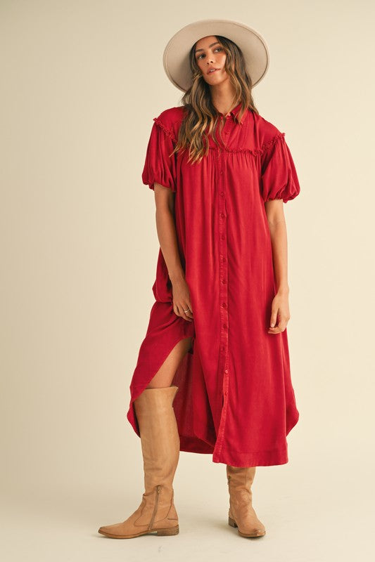 Mineral Washed Button Down Puff Sleeve Shirt Dress – Trendy Button Down Shirt Dress with Puff Sleeves and Unique Mineral Wash Finish for a Chic and Casual Look