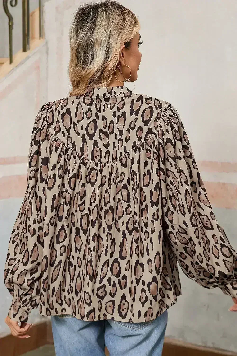 Light Leopard Print Balloon Sleeve Loose Blouse | Femstylo