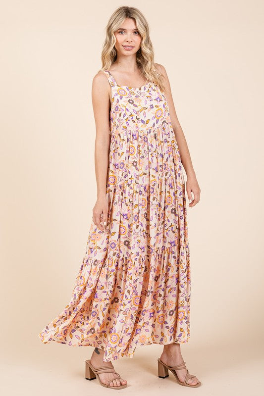 New Summer Flower Print Tiered Sleeveless Empire Maxi Dress – Elegant and Flattering Floral Dress with Empire Waist