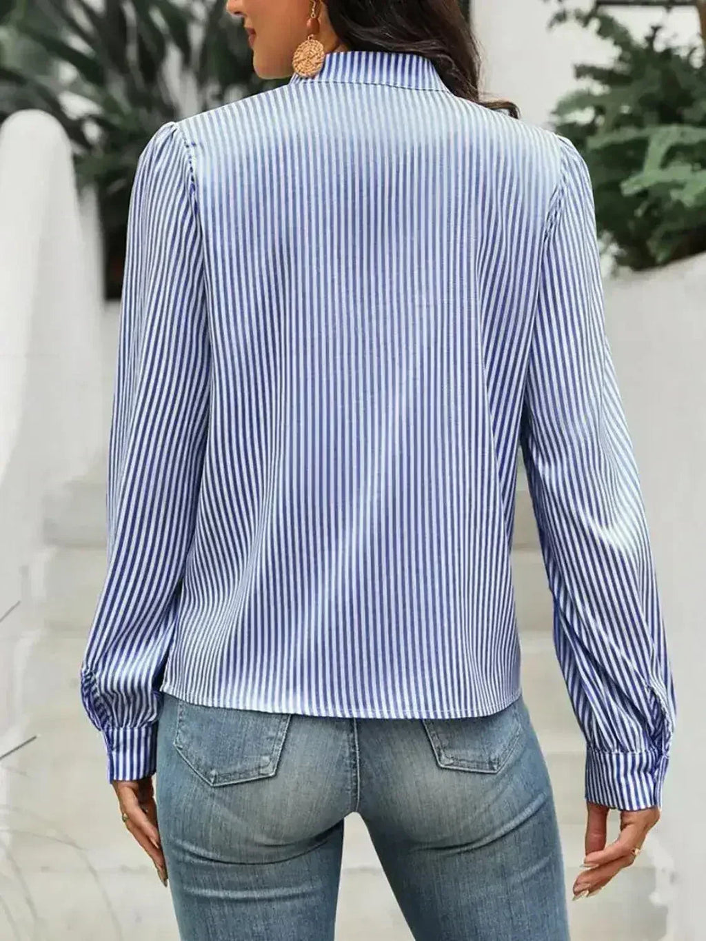 Striped Tie Neck Long Sleeve Blouse – Femstylo
