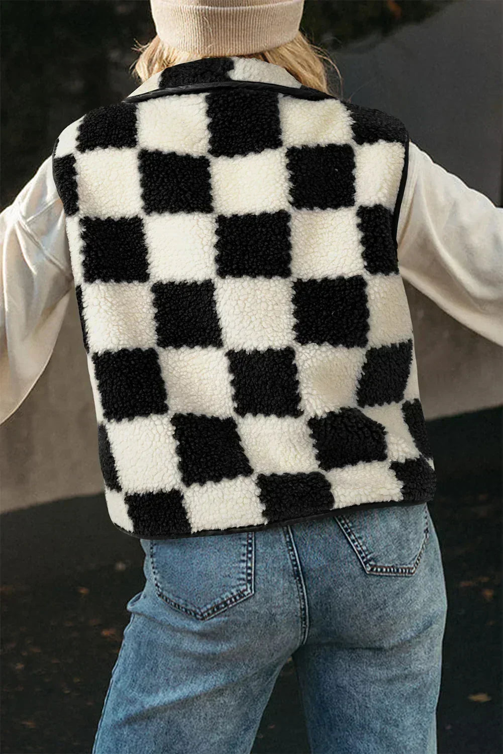 Khaki Checkered Sherpa Collared Jacket Vest