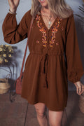 Burgundy Floral Embroidered Tassel Tie Waist Long Sleeve Mini Dress