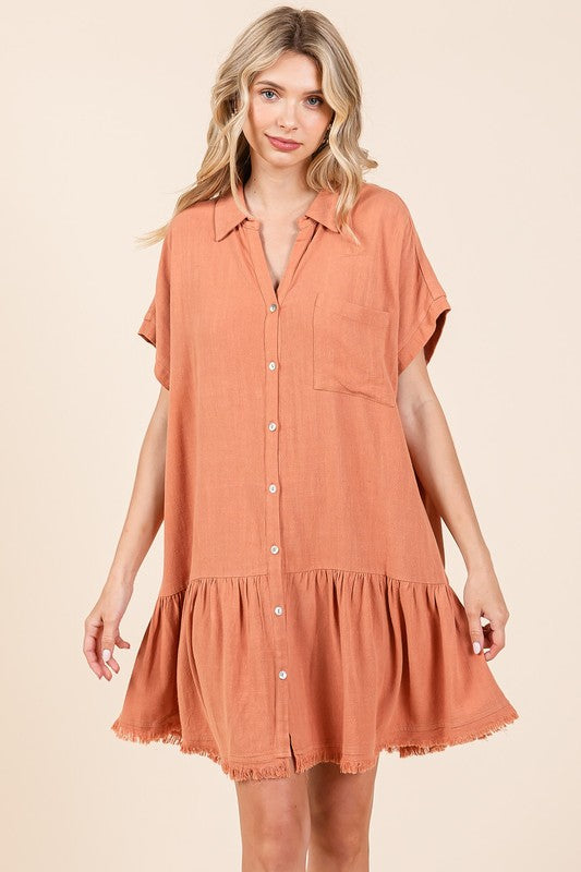 Linen Blend Button Down Shirt Mini Dress For Women – Casual, Classic Button-Down Design with Raw Hem and Tiered Detail